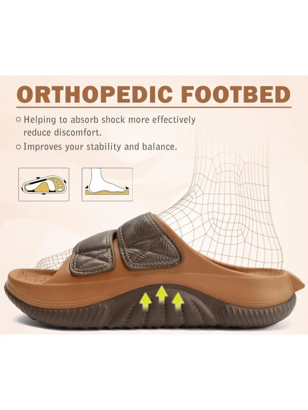 Men's Khaki\Brown Recovery Sandals Orthopaedic Walking Slides Adjustable Thick